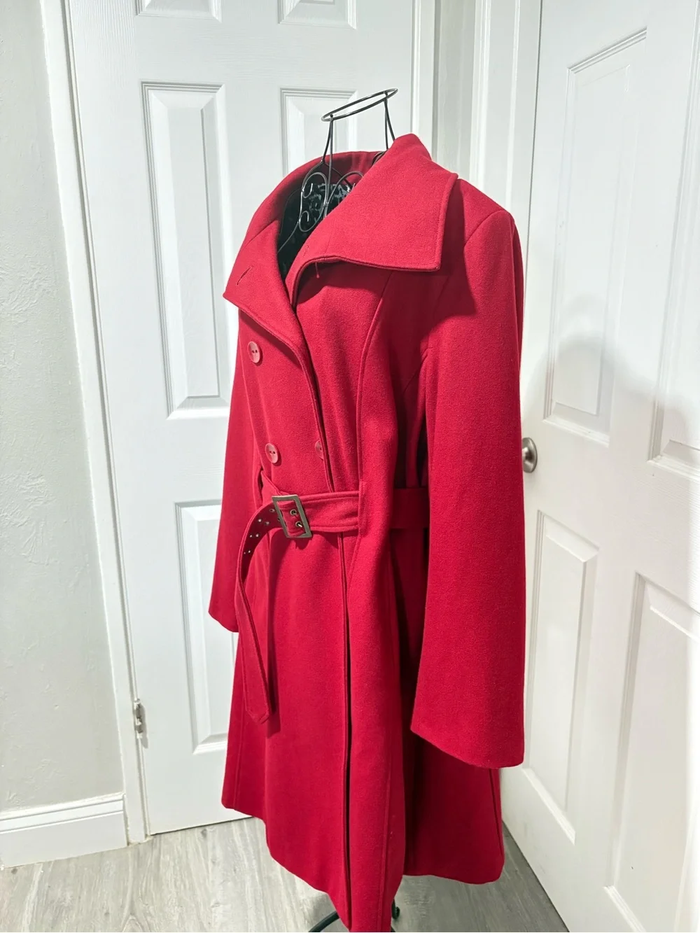 SienaStudio Red Double-Breasted Fully Lined Belted Women's Wool Polo Coat 1X